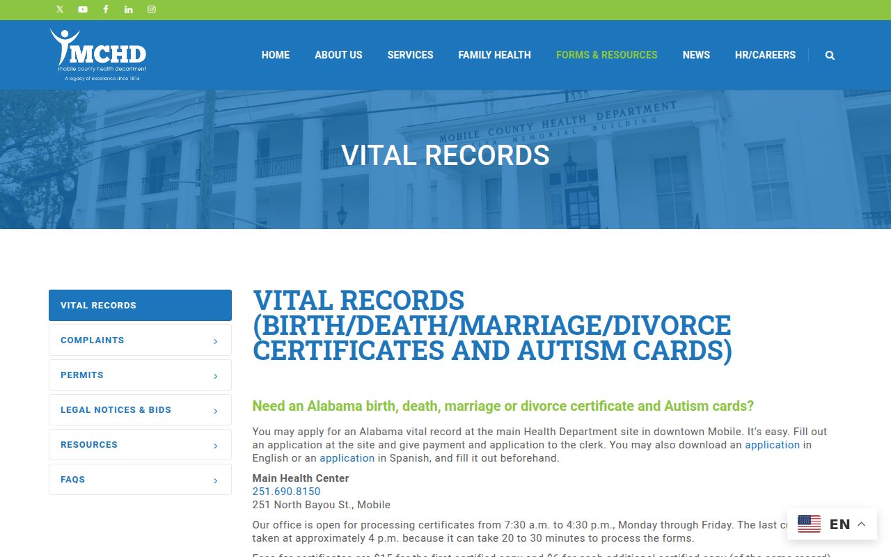 Mobile County Health Department vital records page showing birth certificate services