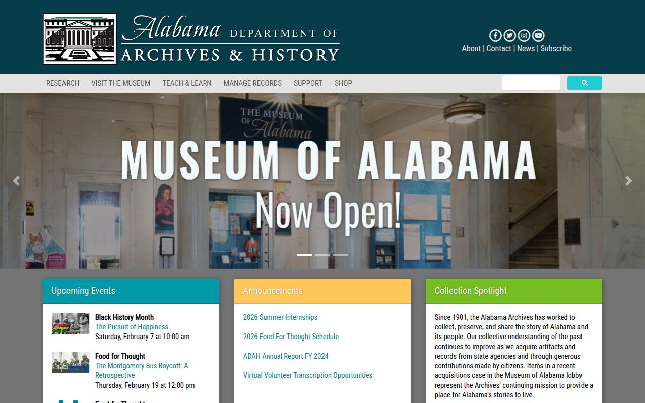 Alabama Department of Archives and History page showing historical vital records resources